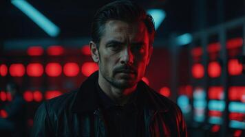 A man in a black shirt and jacket is standing in front of a machine with a red light on it. photo