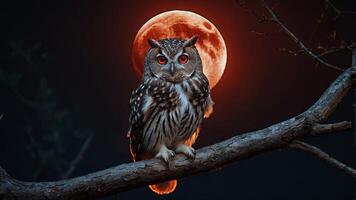 Small owl sitting on a branch at night with a glowing red moon in the background on the lookout for food. photo