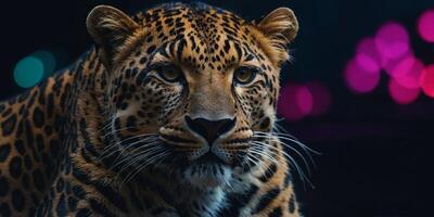 A dramatic portrayal of a leopard heart, with a bold mix of contrasting neon and dark shades,. photo