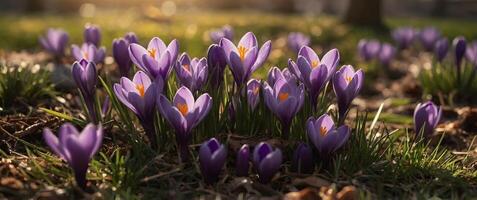 Spring crocuses in the sunshine Creative banner Copyspace image. photo