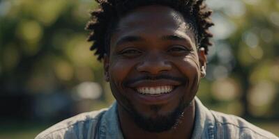 A close-up view of an African American person with a joyful smile on their face. photo