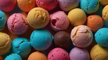 Scoops of colorful ice cream balls Top view, Background. photo