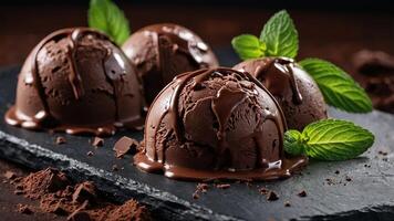 Three scoops of chocolate ice cream on a slate surface, topped with mint sprigs and chocolate chunks. photo