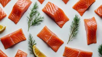 Slices of salmon with dill and lemon on white background photo