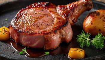 Grilled pork chop with vegetables on pan, closeup. Space for text photo