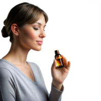 Woman enjoying the scent of essential oils from a small bottle png