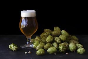 Glass of beer with hop cones. Neural network photo