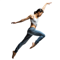 danser in in de lucht het uitvoeren van een springen, presentatie van beweging, energie, en artistiek uitdrukking in een dynamisch dans houding. png