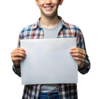 Smiling person holding a blank white board, inviting for messages or artwork png