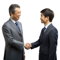 Businessmen shaking hands, symbolizing agreement, partnership, and professional networking in a corporate setting. png