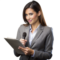 Female journalist interviewing with a microphone and notepad, symbolizing journalism, news reporting, and media. png