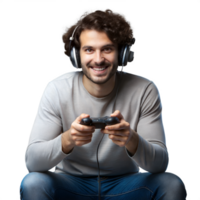 Man smiling while playing a game, wearing headphones png