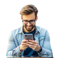 homem sorridente enquanto usando uma Smartphone, possivelmente desfrutando conteúdo ou conversando png