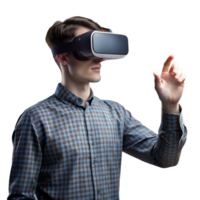 Man wearing a virtual reality headset, exploring a virtual environment png