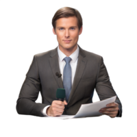 Professional news anchor at a desk, symbolizing broadcasting, journalism, and delivering news in a studio setting. png