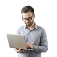 Man working on a laptop, representing modern work, digital communication, and remote work capabilities in a professional setting. png