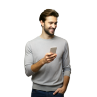Man using smartphone, smiling and casually dressed png