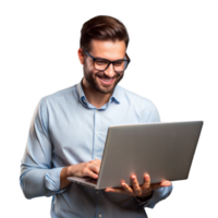 Man smiling while using a laptop, possibly working or studying png