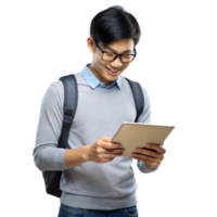 Student reading a tablet, focusing on digital learning and education png