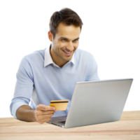 Man using a laptop, focusing on financial analysis and calculations png