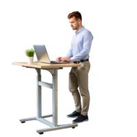 Man standing at a standing desk, focusing on work and productivity png