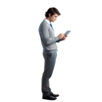 Man standing and reading a text message on his phone png
