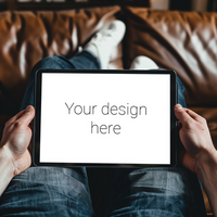 Tablet mockup Person lying on sofa in room and holds tablet in front of him psd