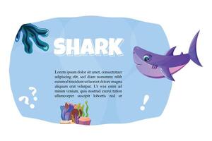 Underwater banner with a happy shark, various aquatic elements like seagrass, corals, and fish silhouettes. Ideal for educational content vector