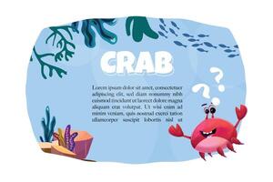 Underwater banner with a cheerful red crab in blue glasses, various aquatic elements like seagrass, corals, and fish silhouettes. Ideal for educational content vector