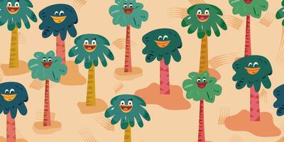 vibrant and playful illustration featuring a seamless pattern of whimsical palm trees and hilarious monsters. Perfect for summer-themed designs, beachwear, or playful decor, this fun vector