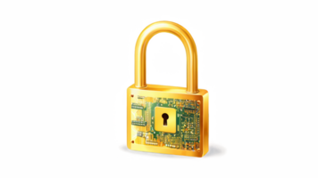 Golden padlock with integrated electronic circuits, password security technology for fraud prevention and confidential data network. isolated transparent background png