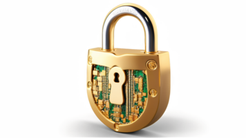 Golden padlock with integrated electronic circuits, password security technology for fraud prevention and confidential data network. isolated transparent background png