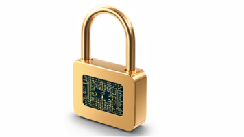Golden padlock with integrated electronic circuits, password security technology for fraud prevention and confidential data network. isolated transparent background png