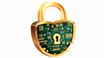 Golden padlock with integrated electronic circuits, password security technology for fraud prevention and confidential data network. isolated transparent background png