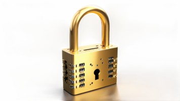 Golden padlock with integrated electronic circuits, password security technology for fraud prevention and confidential data network. isolated transparent background png