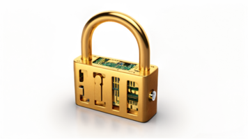 Golden padlock with integrated electronic circuits, password security technology for fraud prevention and confidential data network. isolated transparent background png