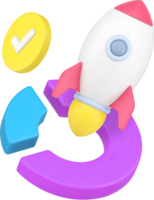 Startup analyzing business planning success development rocket and diagram 3d icon realistic png