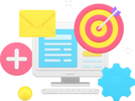 Computer desktop with open information file with machine mechanism, target aim, new email envelope png