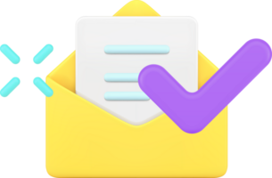 3d simples ícone mensagem recebido aberto envelope com em branco carta e marca de verificação png
