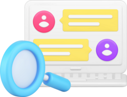 Chatting dialogue message web cyberspace at laptop display magnifying glass 3d icon png