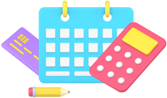 Business planning graph payment counting with calculator and calendar reminder 3d icon isometric png