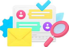 Online dialogue chatting searching with magnifying glass and done checkmark 3d icon isometric png