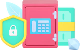 Guard banking protective system with shield and metal safe with combination lock 3d icon isometric png