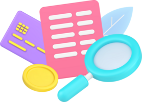 Searching information at document agreement of regular payment with magnifying glass 3d icon png