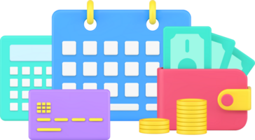 Calculating regular monthly payment with calendar, debit card and coins cash money dollar 3d icon png