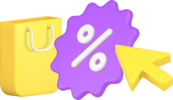 Yellow arrow pointing into seasonal sale discount with paper shopping bag and percentage tag 3d icon png