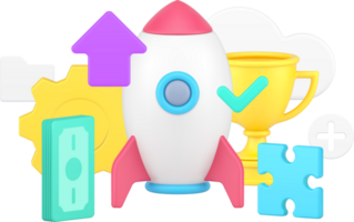 Successful business startup profit with launching rocket, golden cup achievement 3d png