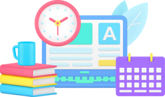 Internet exam laptop user interface with wall watch and schedule 3d icon isometric png