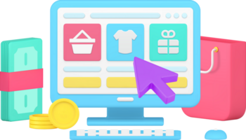 Isometric cursor pointing on goods at website computer monitor online shopping 3d icon png