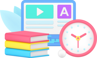 Online education with laptop lesson user interface and stack of textbook 3d icon png